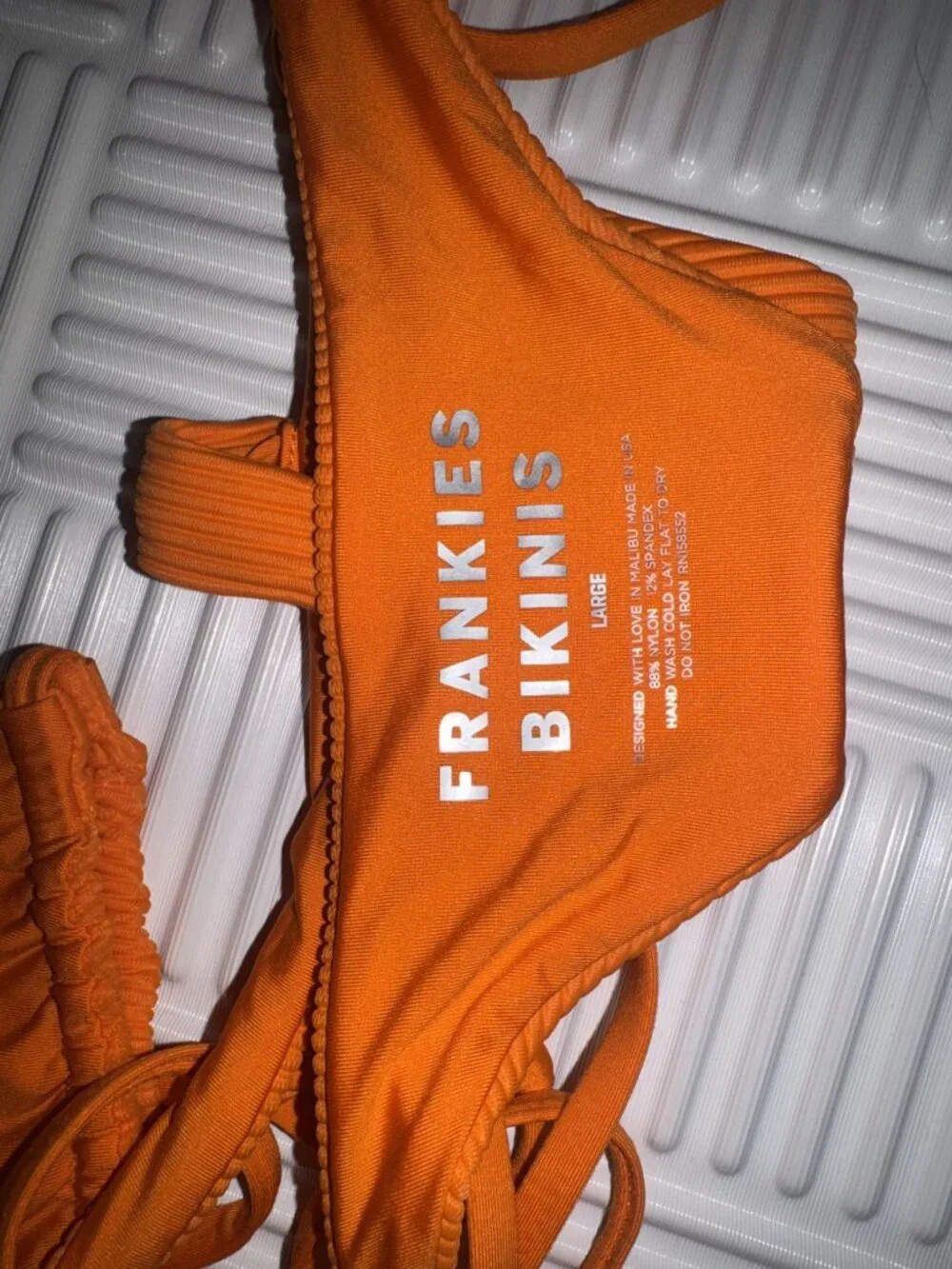Frankies Bikinis Orange Ribbed Triangle String Bikini Set - Size Large - NWOT